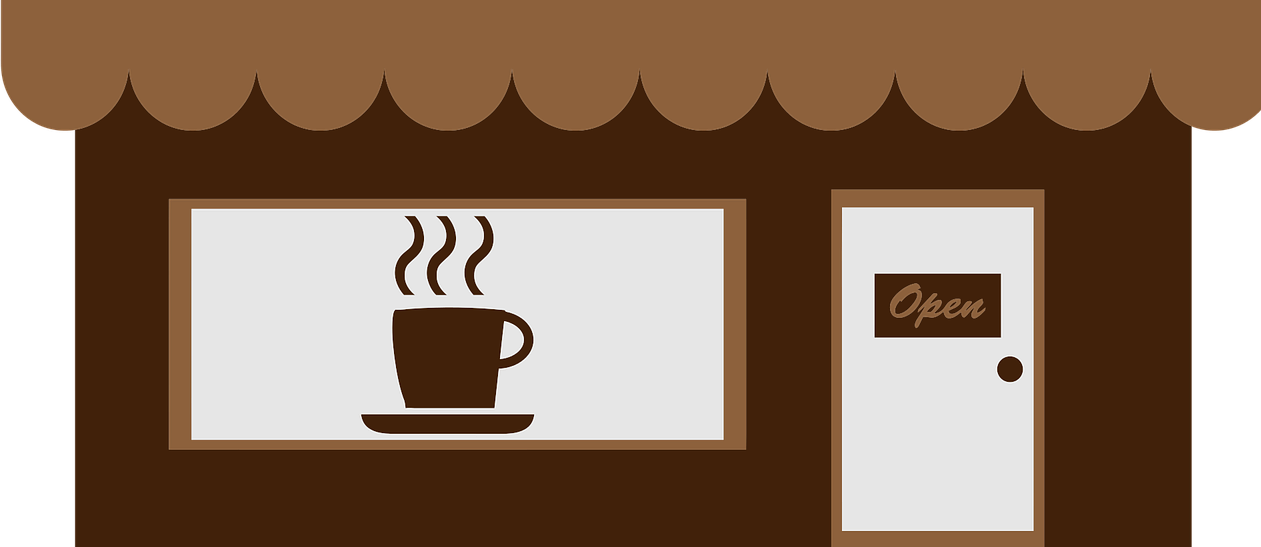 Skyltfönster med kaffekopp. Boka möte för att sälja tjänster.